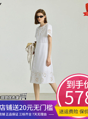 LILY2025秋新款女装棉麻法式镂空钩花休闲收腰通勤白色短袖连衣裙