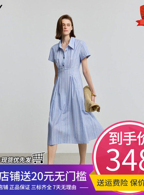 LILY2025夏新款女装学院风翻领休闲通勤收腰百搭蓝色衬衫式连衣裙