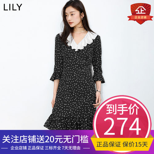 LILY2024春新款女装浪漫撞色花边领复古波点印花V领高腰款连衣裙