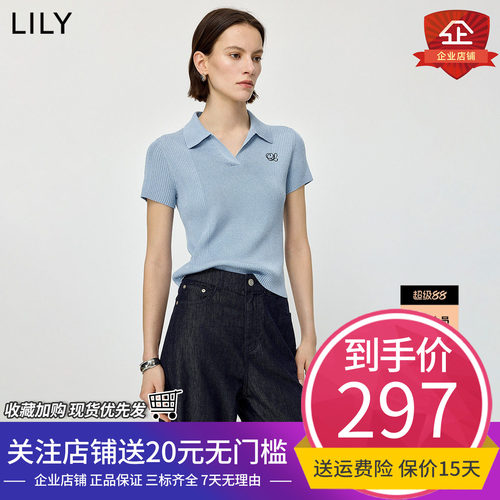 LILY2026夏新款复古小翻领修身休闲通勤百搭浅色短袖针织衫女短款