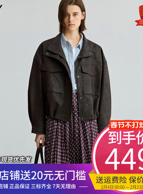 【商场同款】LILY2025秋新款女装复古工装休闲深色仿麂皮夹克外套