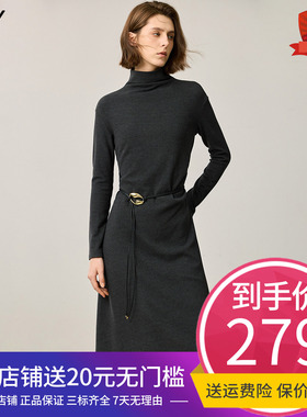 LILY2024冬新款女装格雷系高级气质高领褶皱收腰A字灰色连衣裙女