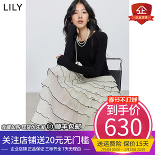 LILY2026春新款女装法式高腰垂感修身网纱连衣裙气质通勤蛋糕长裙