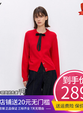 LILY2026春新款女装羊毛混纺蝴蝶结圣诞新年节日红色针织开衫外套
