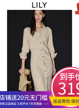 LILY2025春简约通勤宽松休闲收腰显瘦衬衫裙卡其色连衣裙长裙女