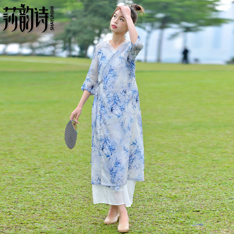 莎韵诗2022中国风显瘦V领改良旗袍裙夏季新品墨竹印花苎麻连衣裙