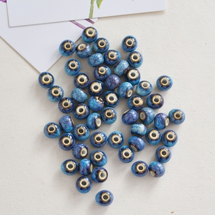 景德镇陶瓷珠子散珠兰色手工diy串珠黑色拉丝圆形大孔学生串珠