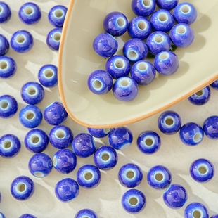 陶瓷珠子宝蓝圆珠大孔散珠半成品学生女手工佛珠diy手链配件新