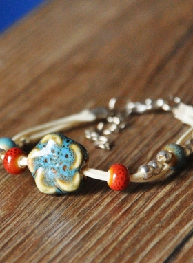 民族风可调节大小陶瓷散珠手链