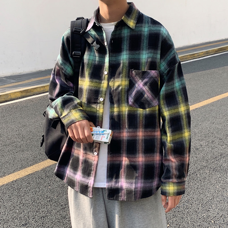 格子衬衫男长袖宽松港风2025春季新款衬衣韩版ins百搭上衣潮3014,男装衬衫,电商C208A