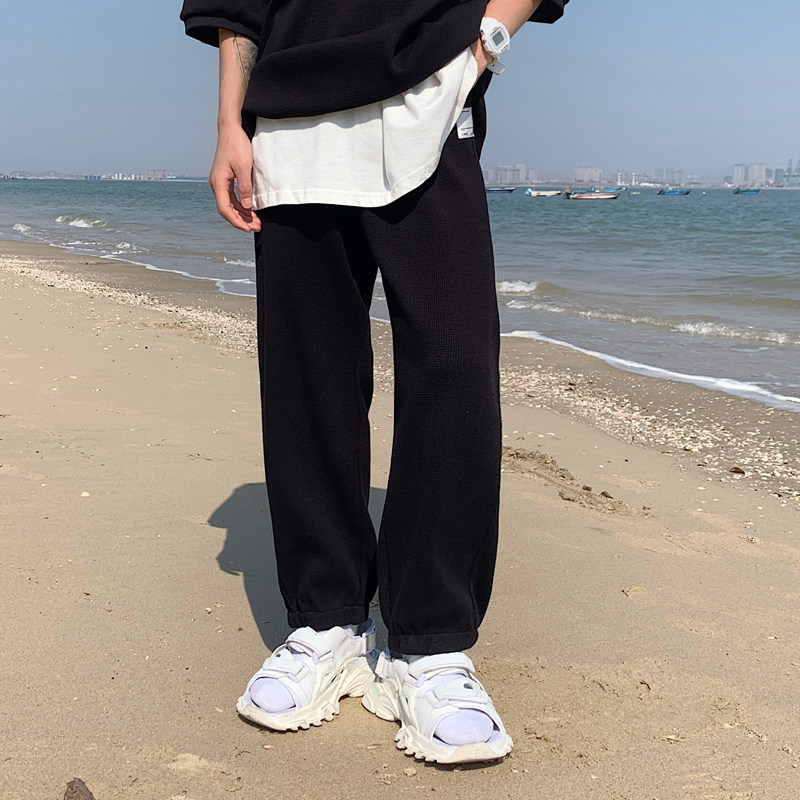 华夫格裤子男士春秋季宽松束脚裤青少年宽松休闲长裤6630图片