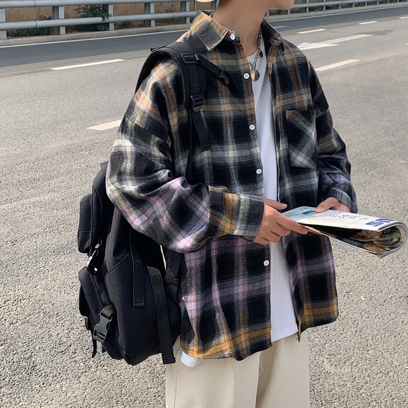 韩版宽松格子衬衣潮情侣外套春季新款秋装港风衬衫男士长袖3014,男装衬衫,电商C208A
