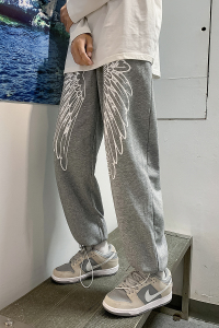 艺术感慵懒裤子高街ins潮灰色翅膀运动卫裤男boy长裤6648图片