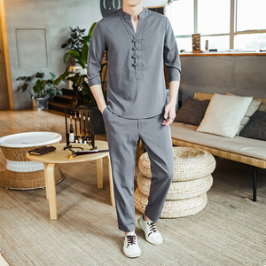 春季新款风套装亚麻七分袖衬衫复古棉麻九分裤C203A-6711P85,男装衬衫,电商C208A