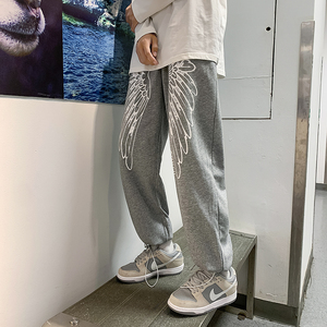 艺术感慵懒裤子高街ins潮灰色翅膀运动卫裤男boy长裤6648图片