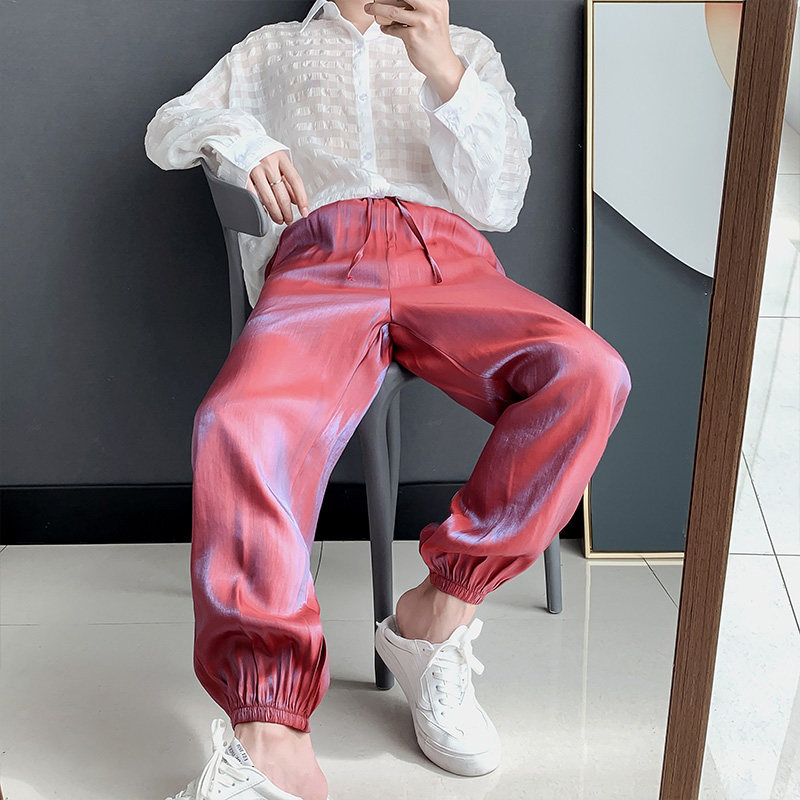 渐变彩色亮面冰丝垂感休闲裤男潮流很仙的裤子炫彩束脚运动九分裤,男装休闲裤,电商C208A