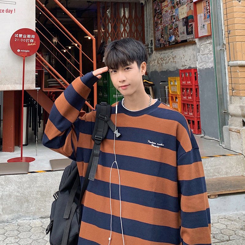 条纹卫衣男潮牌ins春秋圆领宽松上衣服青少年2025年新款外套3018图片