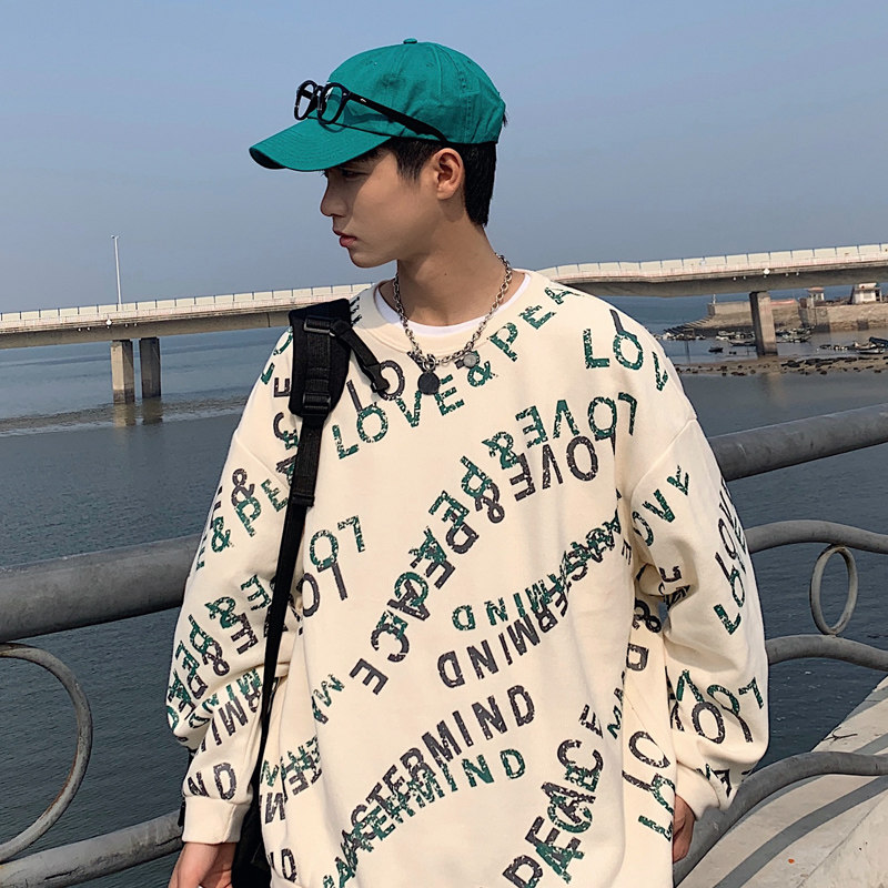 2025新款无帽男生卫衣ins潮牌港风圆领宽松潮流百搭上衣服春3017,男装卫衣,电商C208A