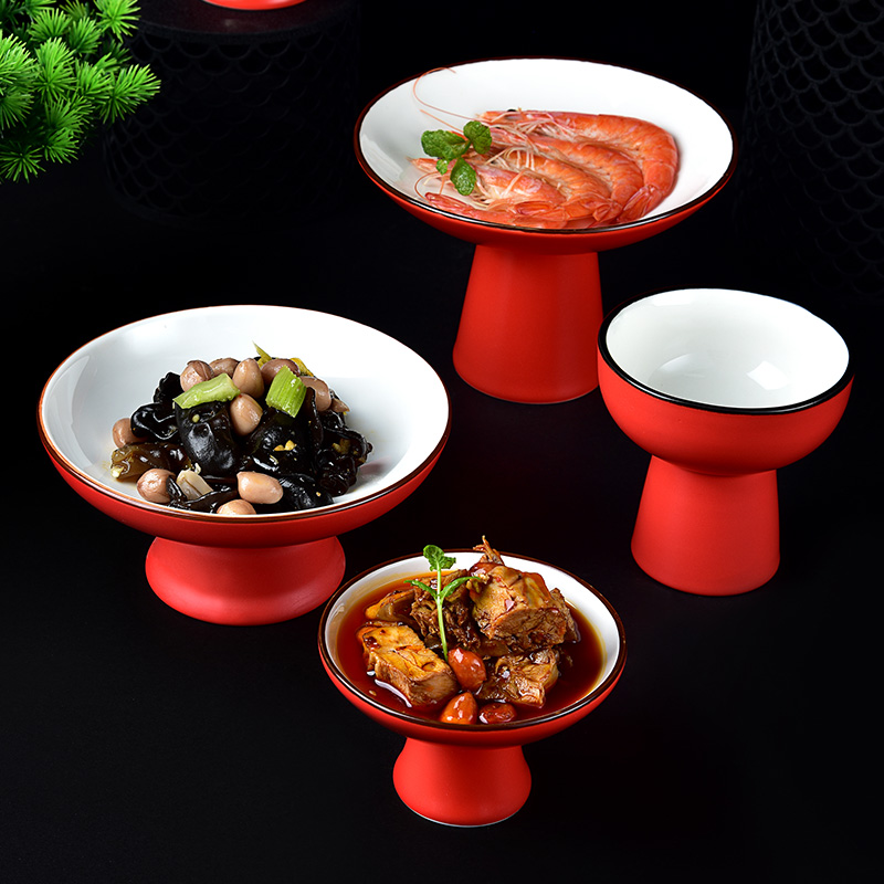 中式哑光红陶瓷高脚碟餐厅冷菜小吃碟会所凉菜前菜泡菜小碗蘸料碟,餐饮具,碟,淘宝优惠券,粉丝福利购,淘宝优惠卷