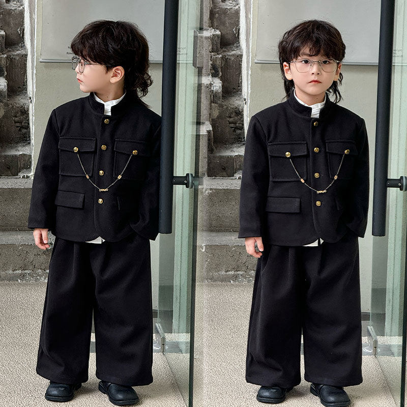 儿童2024冬季新中式夹棉小西服男童加厚西装中山装生日礼服套装潮