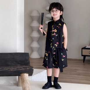 儿童无袖薄款马甲套装短裤2025夏季新中式男童国潮唐装国风汉服潮