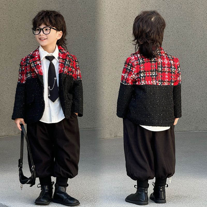 男童冬季夹棉走秀主持人西装套装冬季花童小香风加厚西服外套礼服