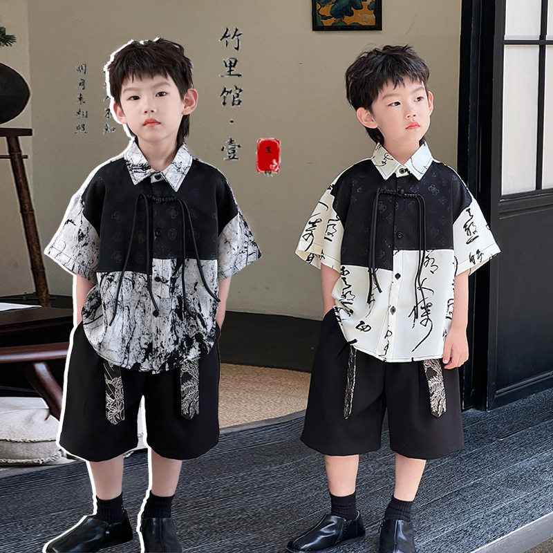 儿童新中式短袖衬衫2024初夏新款男童古风泼墨半袖衬衣男宝汉服潮