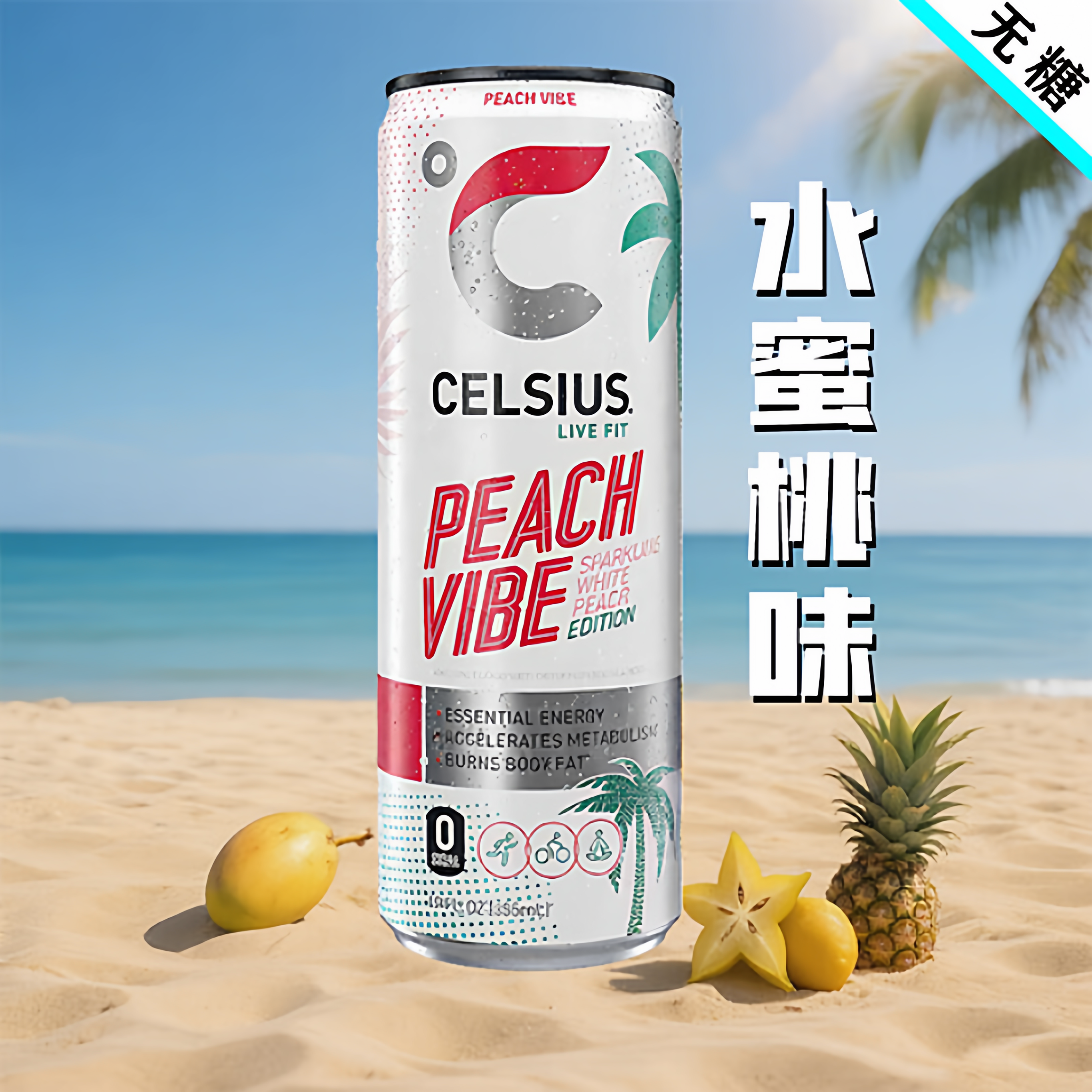 燃力士Celsius美版进口 无糖气泡能量饮料水蜜桃口味355mlx6罐