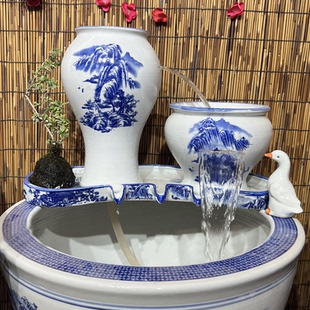全套陶瓷流水摆件青花瓷瀑布罐庭院鱼缸造景自循环增氧流水过滤