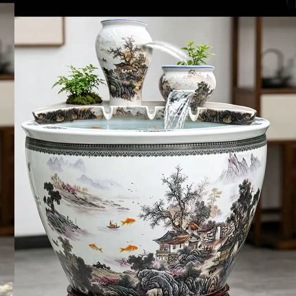 古法陶瓷循环水养鱼造景陶罐鱼缸过滤器鱼池全套生态流水瀑布摆