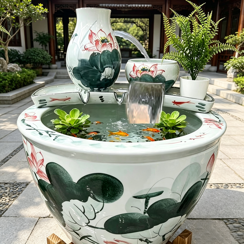 景德镇青花瓷流水鱼缸客厅阳台庭院水景摆件陶瓷鱼缸特大瀑布流水