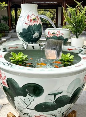景德镇青花瓷流水鱼缸客厅阳