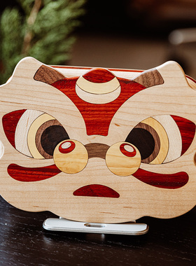 创意礼物醒狮平板ipad手机支架原创设计新中式实木日常桌面摆件