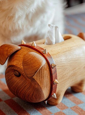 原上城原创设计可爱小狗纸巾盒实木餐巾纸收纳盒ins风家居摆件