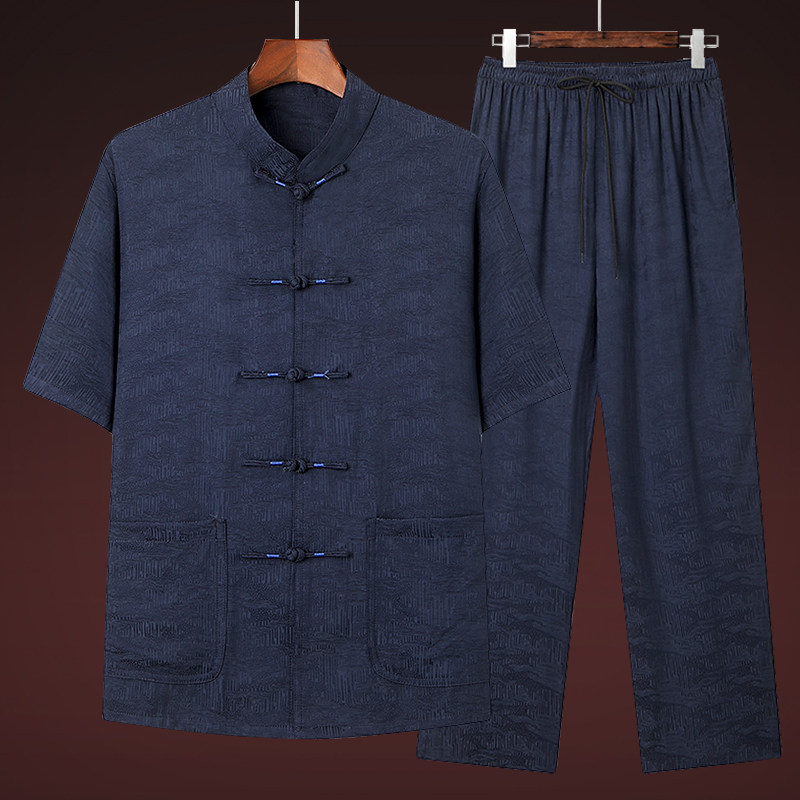 중국 스타일 아빠 얼음 실크 반팔 여름 새로운 중년 및 노인 당나라 정장 남성 얇은 양복 노인 할아버지 옷