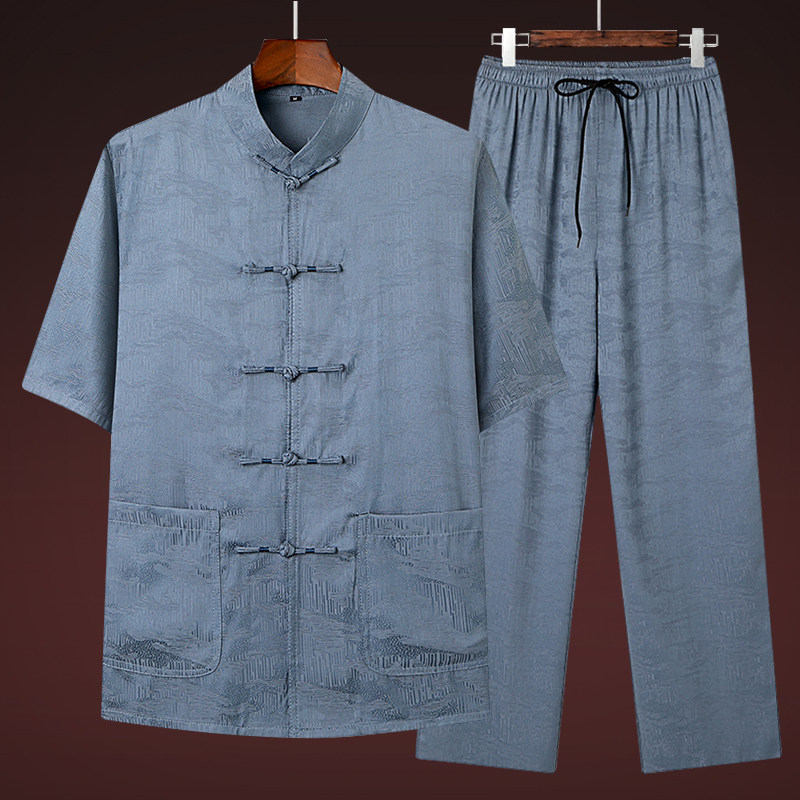 중국 스타일 아빠 얼음 실크 반팔 여름 새로운 중년 및 노인 당나라 정장 남성 얇은 양복 노인 할아버지 옷