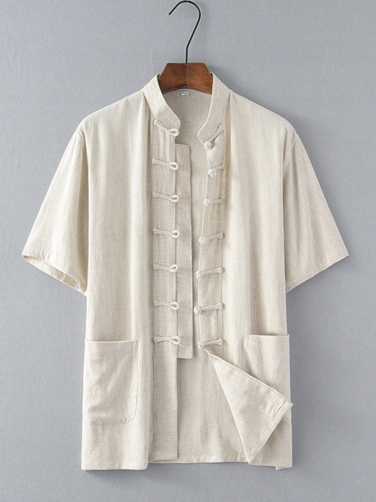 여름 얇은 중년 및 노인 린넨 반팔 탑 중국 스타일 중국 스타일 당나라 정장 남성 복고풍 HANFU 캐주얼 아빠 착용