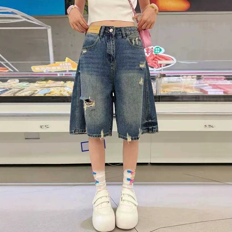 欧美式潮牌破洞牛仔裤女2026夏季新款大码胖mm宽松显瘦五分中裤子