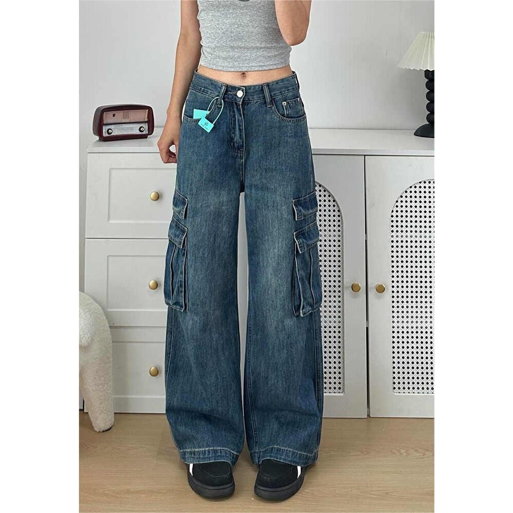 复古蓝水洗工装牛仔裤女2026春季新款美式高街高腰宽松直筒阔腿裤
