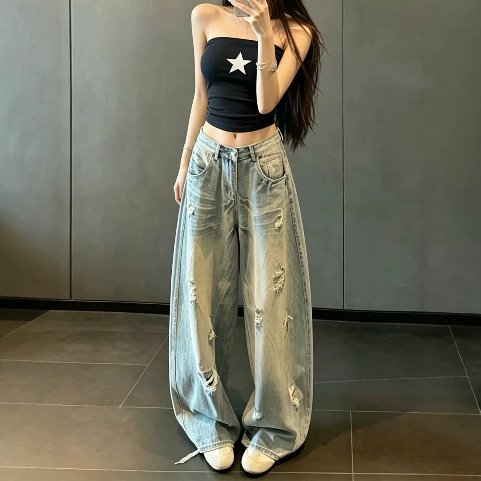 浅色前后破洞阔腿牛仔裤女夏薄款2026美式高腰宽松垂感拖地直筒裤