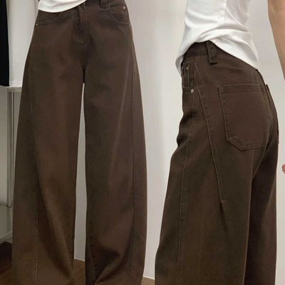 棕色裤子女梨型身材遮胯弯刀牛仔裤大码胖mm直筒阔腿裤咖色镰刀裤