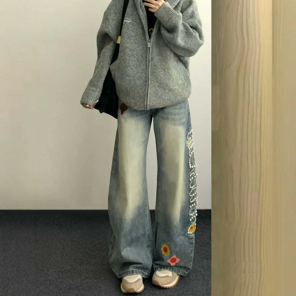 美式复古珍珠花卉刺绣牛仔裤女设计感宽松显瘦高腰直筒阔拖地腿裤