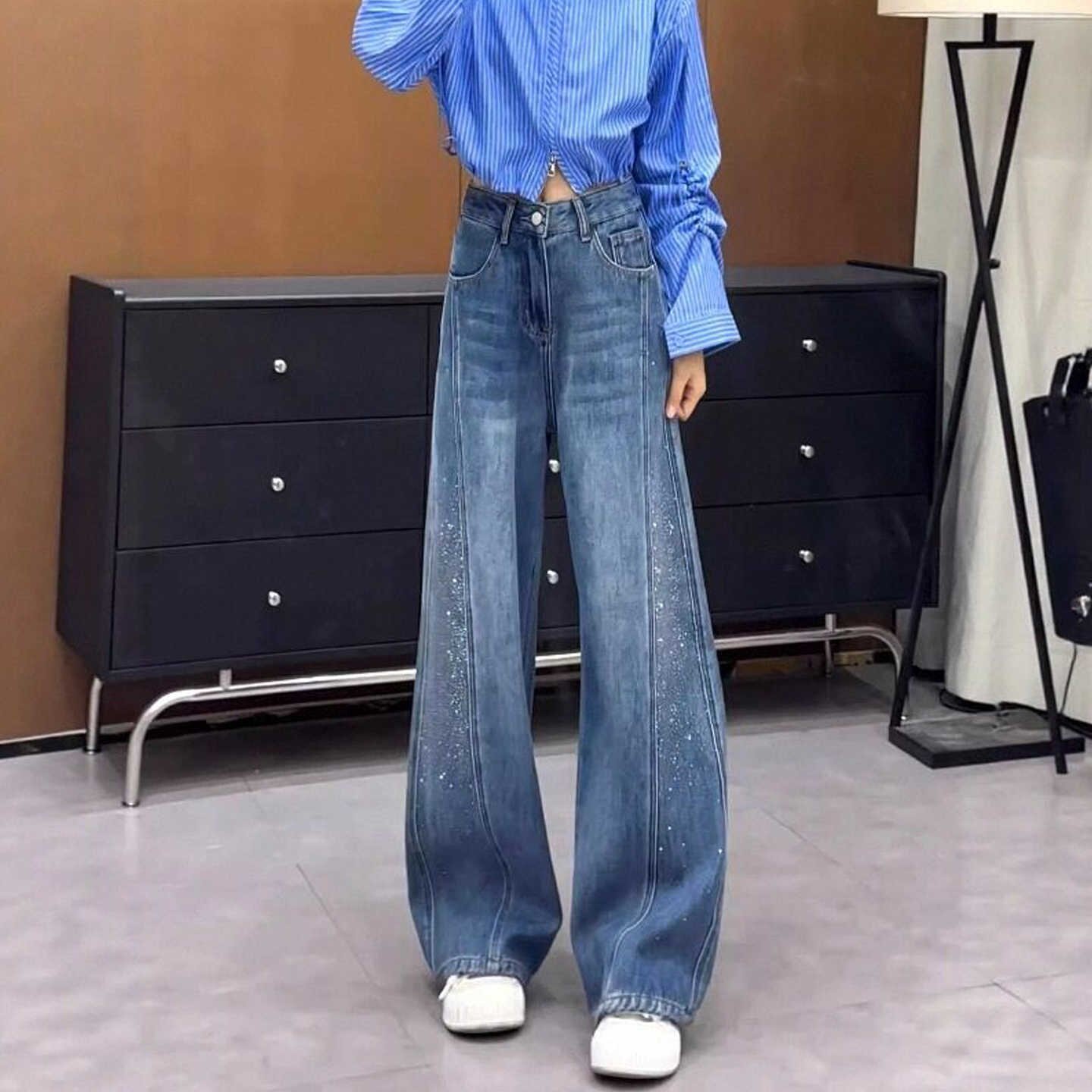 蓝色满天星烫钻弯刀牛仔裤女2026春季新款小个子高腰显瘦阔腿裤子