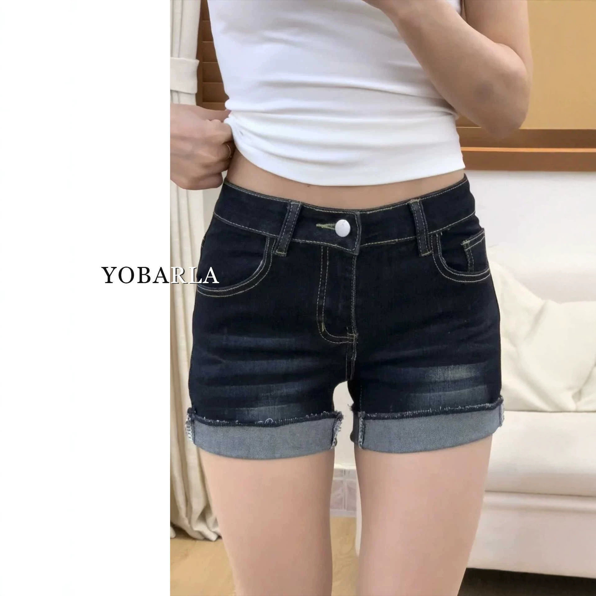 深蓝色牛仔短裤女夏季薄款大码胖mm显瘦梨形身材弹力高腰a字热裤