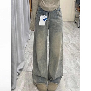 阔腿牛仔裤子女春季新款高腰宽松垂感毛边小众设计感直筒拖地裤子