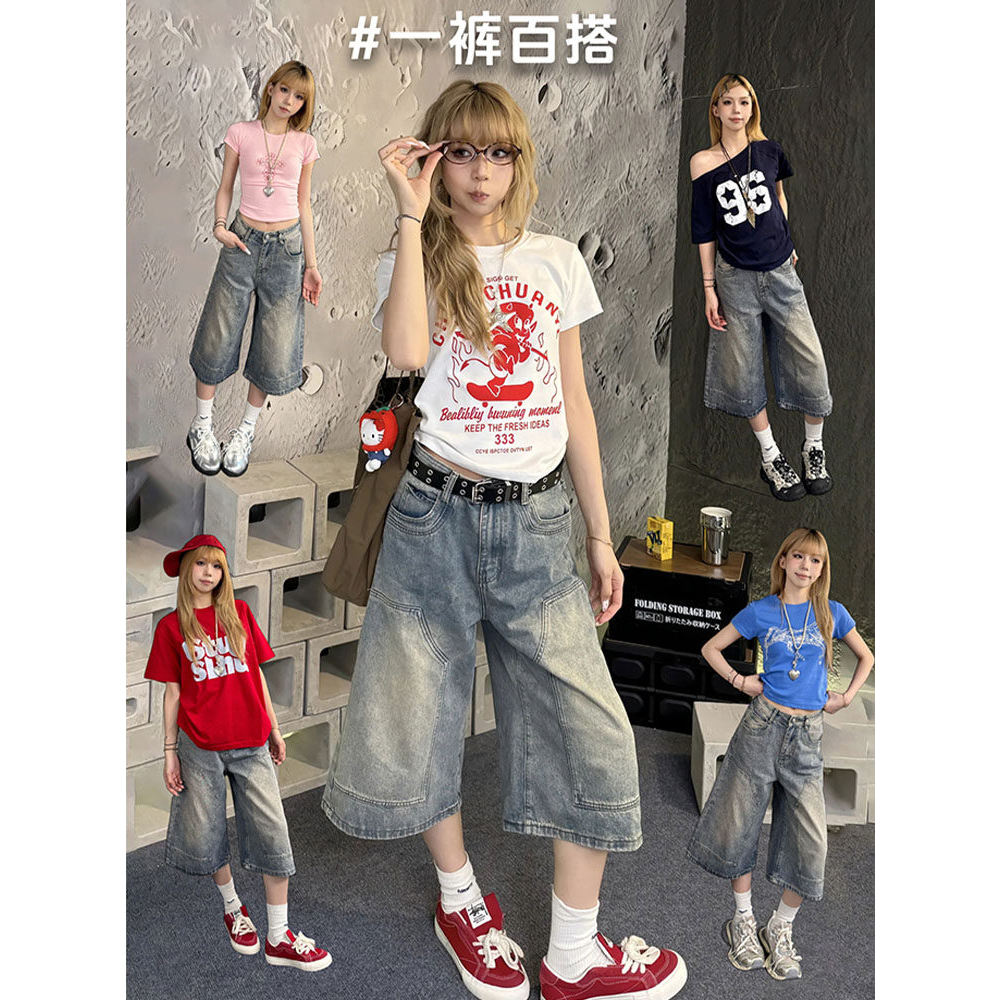 美式复古七分裤女夏2026新款高腰怀旧中裤直筒宽松阔腿牛仔短裤子