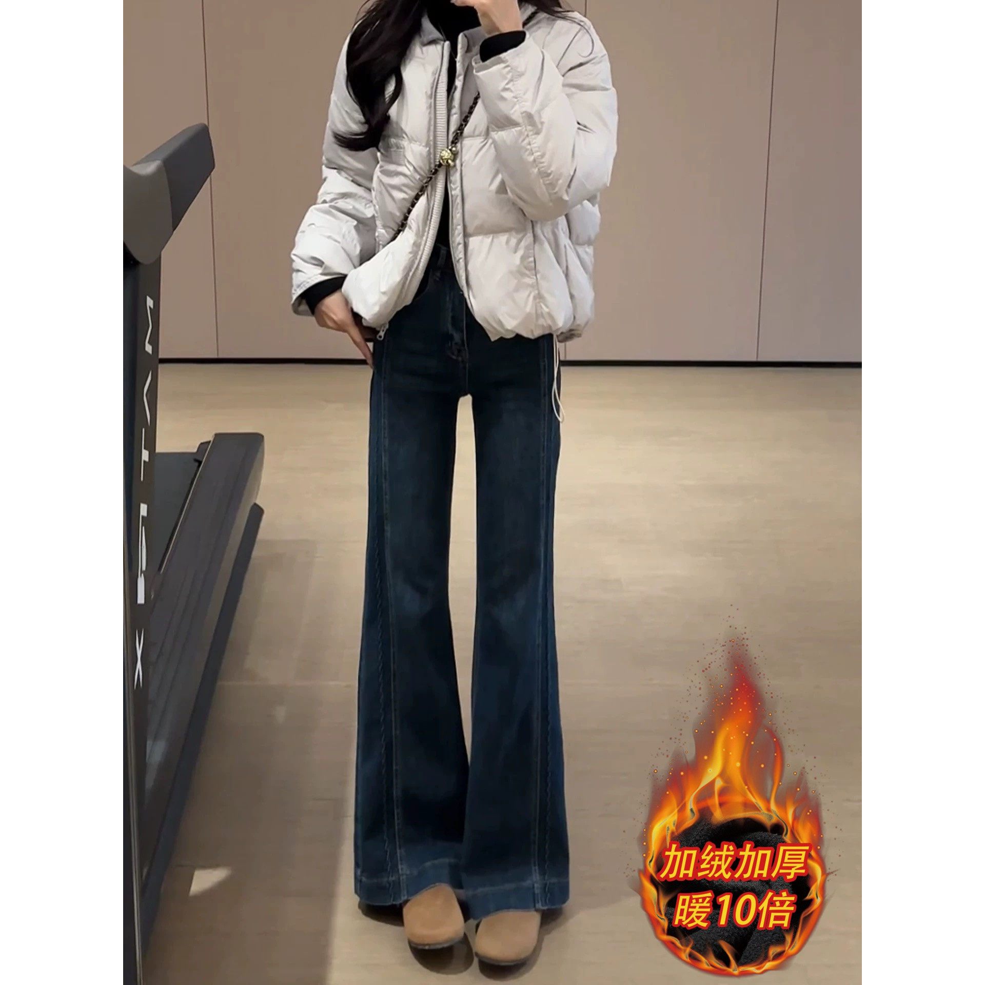 复古蓝高腰加绒直筒微喇牛仔裤女2025秋冬新款窄版显瘦喇叭拖地裤