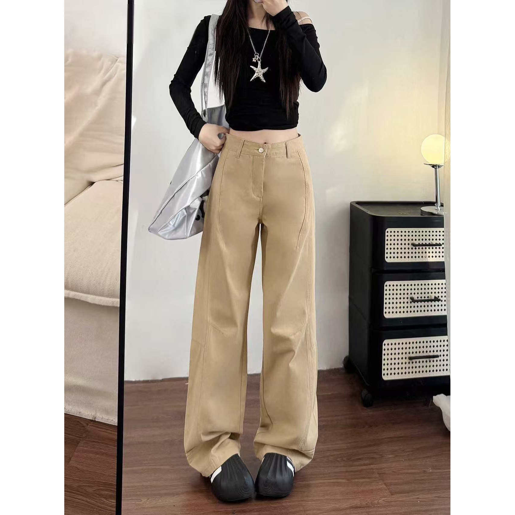 卡其色阔腿牛仔裤女春秋新款大码胖mm宽松梨形身材显瘦垂感直筒裤,女装/女士精品,牛仔裤,淘宝优惠券,粉丝福利购,淘宝优惠卷