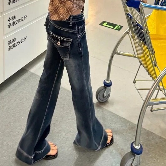 易梦玲同款低腰微喇裤女美式深蓝色辣妹显瘦设计感拖地牛仔喇叭裤