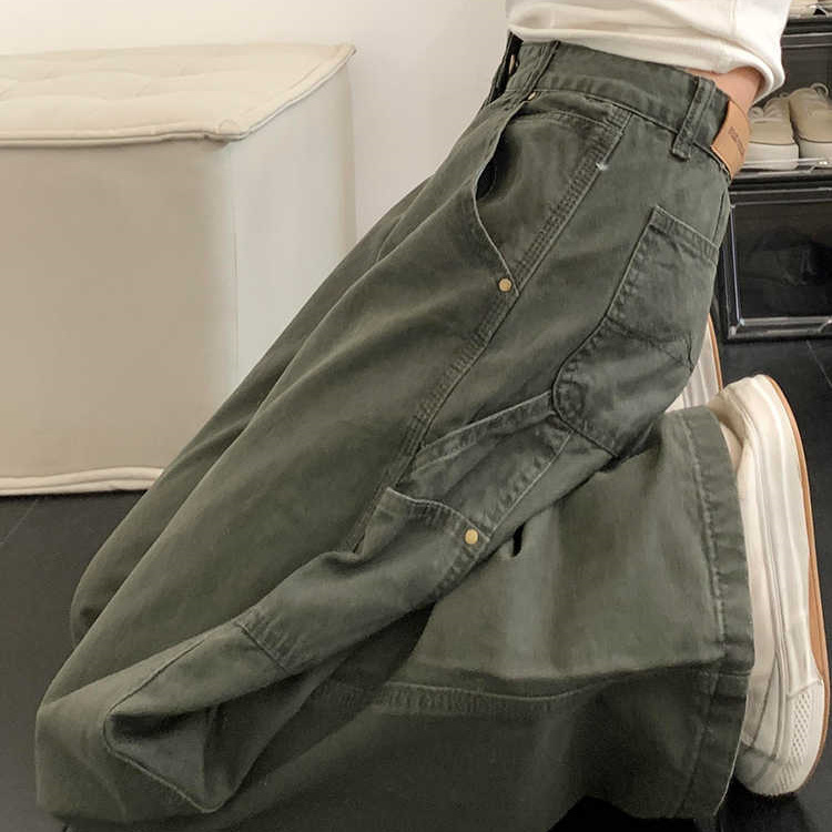 美式复古军绿色牛仔裤女秋冬季高腰显瘦宽松直筒阔腿拖地梧桐长裤